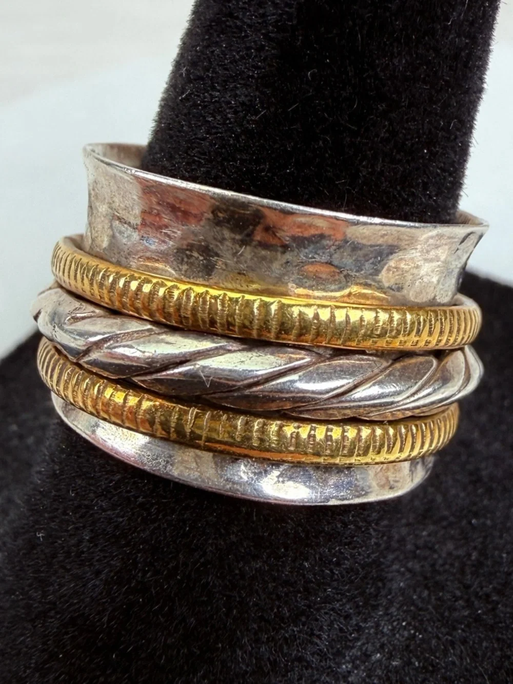 Vintage aged stamped 925 silver and bronze stone wideband spinner ring sz 7 3/4